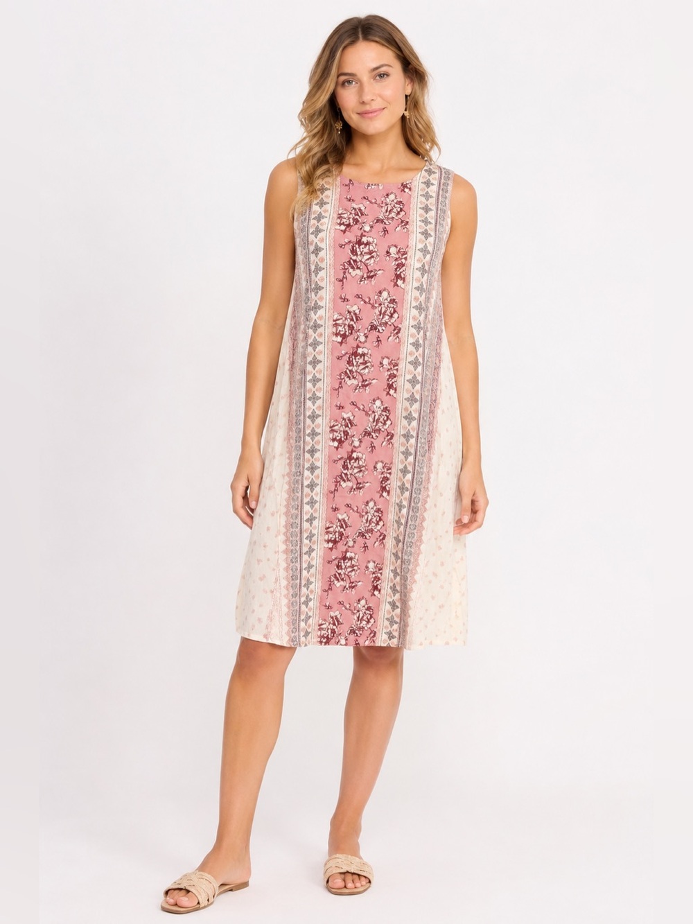 NWT Altar’d State Pink Cream Floral Boho Sleeveless Shift Dress Medium